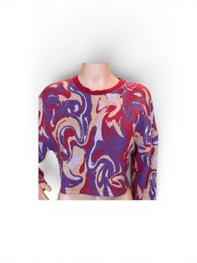 Zara Red Purple Cream Cropped Knit Sweater Abstract Design Women's Small